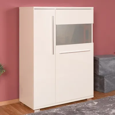 Produktbild von Vitrine Garim 16, Farbe: Beige Hochglanz - 123 x 90 x 40 cm (H x B x T)