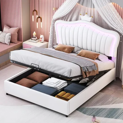 A child's bedroom with a white bed with LED lighting and storage.