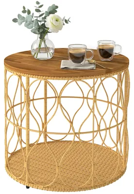 Produktbild von Outsunny Beistelltisch Ø50 cm wetterfest Gartentisch mit Rattanoptik Teak