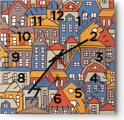 Produktbild von Wanduhr - Quadrat - Glasuhr - Stadt Haus Straße - 40x40cm - Schleichendes Uhrwerk - Lautlos - zum Aufhängen bereit - Dekoration Modern - Wanddekoration aus Glas - C4AC40x40-3953