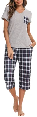 Produktbild von Damen Pyjamaset Baumwolle Kariert Kurzarm - Grau/Schwarz Weiß Karomuster - S-XXL