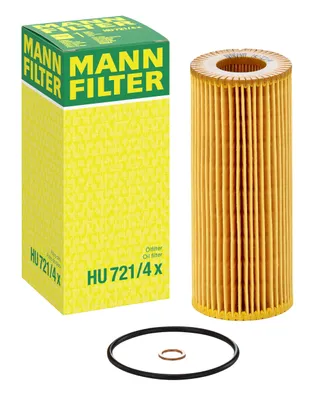 A product shot of a MANN oil filter and its packaging, along with a gasket and washer.