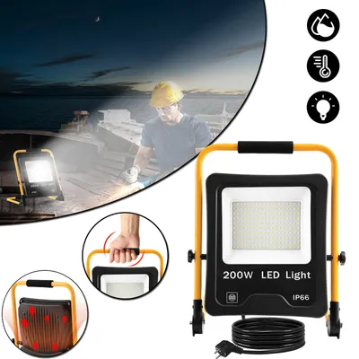 Image de Projecteur de chantier NAIZY LED Projecteur 200W blanc froid avec trépied et prise jaunes - Projecteur de travail LED étanche IP66 pour l'intérieur et l'extérieur