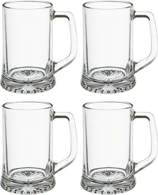 Four clear glass beer mugs with handles are arranged in a two-by-two grid on a white background.