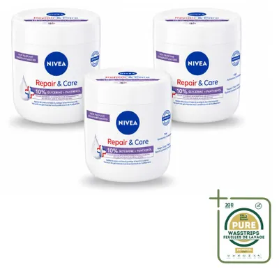 Obrázok produktu pre 3 x NIVEA Krém na telo Repair & Care pre citlivú pokožku - s 10% glycerínom a pantenolom - 400 ml - balenie s 3 kusmi