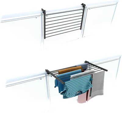 Produktbild von Duo Wäscheständer für Balkongeländer und Balkon, klappbar, 82 cm, aus Aluminium und Edelstahl, rostfrei und platzsparend, für Außenbereich und Terrasse, belastbar bis 15 kg, anthrazit
