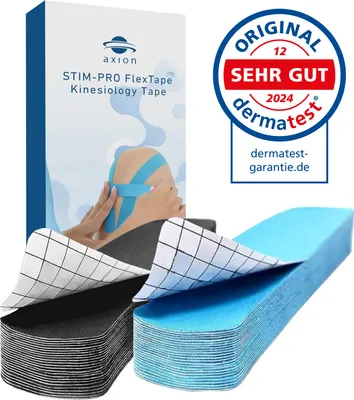 A box of kinesiology tape and stacks of precut tape.
