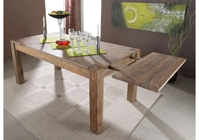Produktbild von MASSIVMOEBEL24 Esstisch mit Ansteckplatten Sheesham 180-220/260x90x76 grau geölt NATURE GREY #305