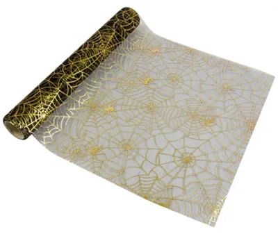 Produktbild von Halloween Tischläufer Organza Schwarz Goldene Spinnennetze 29cm x 5m Edel -