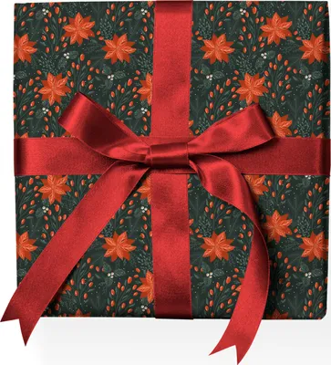 Produktbild von Schönes florales Weihnachts Geschenkpapier mit Weihnachtsstern und Beeren, rot - G22165, 32 x 48cm