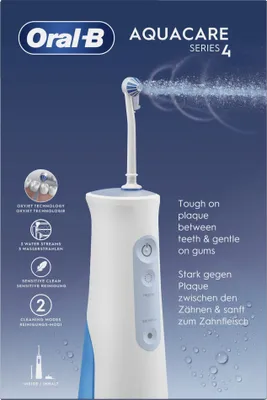 Produktbild von Oral-B AquaCare 4, Weiß, Kabellose Munddusche, Rotierende-vibrierende Zahnbürste, Tasten, Akku, 159 mm