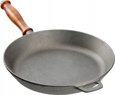 A cast iron frying pan with a wooden handle is shown against a white background.