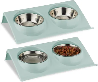 Produktbild von Erhöhter Doppelnapfständer für Haustiere, 2er-Set, für Katzen- und Hundenäpfe, H x B x T: 6,5 x 29 x 19 cm, Blau/Silber