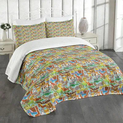 Produktbild von ABAKUHAUS Tiere Tagesdecke Set, Karikatur Zoo mit Einhorn Krokodil Elefant Affe Pandabär Fisch Tiger Muster, 264 x 220 cm, Mehrfarbig
