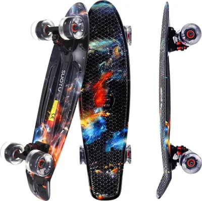 Obrázek produktu pro Suotu LED skateboard pro děti, mini skateboard s LED kolečky, ložiska ABEC-7, plastová deska, galaxy černá, maximální nosnost 50 kg