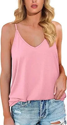Produktbild von ASKSA Damen Bluse V-Ausschnitt Ärmellose Einfarbige T-Shirt Sommer Elegant Casual Loose Fit Tops Shirt, Rosa, XL