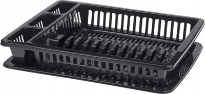 A black plastic dish rack with a tray underneath, shown from a diagonal front-right angle against a white background.