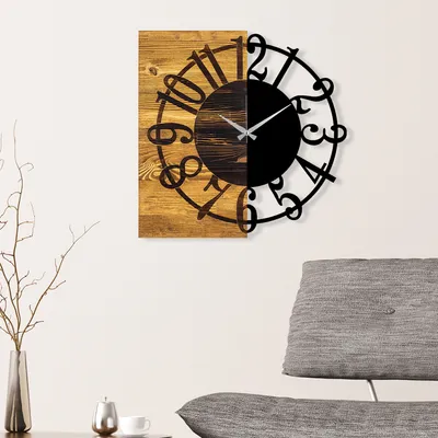 Image de Opviq, Wooden Clock 1, horloges murales, noyer, métal, 58 x 58 x 3 cm