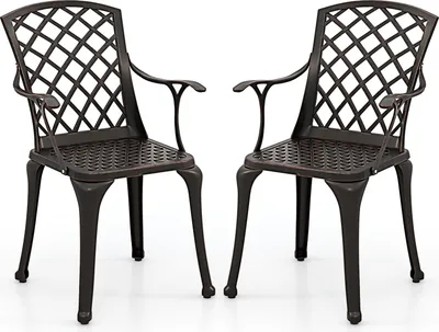 Two bronze-colored garden chairs with a lattice back and armrests are shown against a white background.
