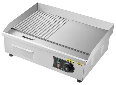 Obrázok produktu pre Komerčná elektrická platňa, 535 x 300 mm, 3200 W, nastaviteľná regulácia teploty 50–300 °C, telo z nehrdzavejúcej ocele, polovica s drážkami, polovica hladká, s 2 špachtľami, 2 kefami a 4 podložkami, na steaky, palacinky