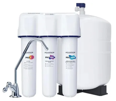 Produktbild von AQUAPHOR PRO100-HFM Umkehrosmoseanlage Trinkwasser-Umkehrosmose-System mit Keimsperre und Remineralisierung PRO-HFM Kartusche für Trinkwasser 15,6l/h - 380 Liter am Tag