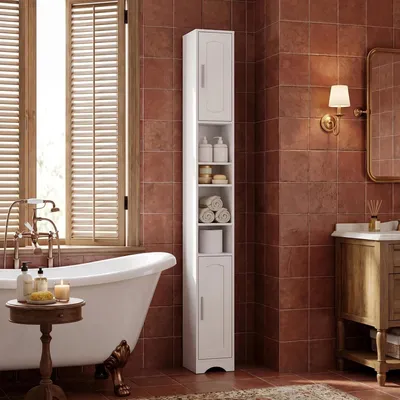 Produktbild von Badezimmerschrank Hochschrank Badschrank Schmal Hoch | Badschrank mit Offenen Fach und Tür, Verstellbaren Ablagen, Platzsparender Badregal, Badmöbel
