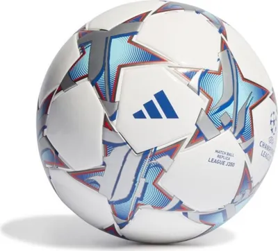 A white Adidas soccer ball with blue and red star patterns and the Adidas logo.