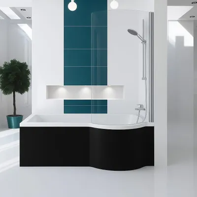 Produktbild von Eckbadewanne Badewanne INSPIRO RECHTE 160x70 mit Glasabtrennung, Schürzen (mattschwarz) , Ablaufgarnitur und Füßen.