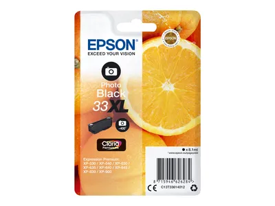 Produktbild von Epson Oranges Singlepack Photo Black 33XL Claria Premium Ink, High (L) Yield, Schwarz, Tinte auf Farbstoffbasis, 8,1 ml, 1 Stück(e), 650 Seiten
