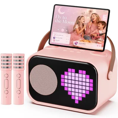 Immagine prodotto di Macchina karaoke - Con 2 microfoni - Bluetooth 5.3 - Per bambini e adulti - Con luci RGB