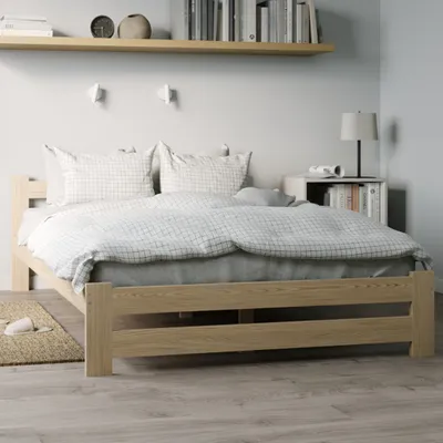 A bedroom scene with a bed, nightstand, and bookshelf.
