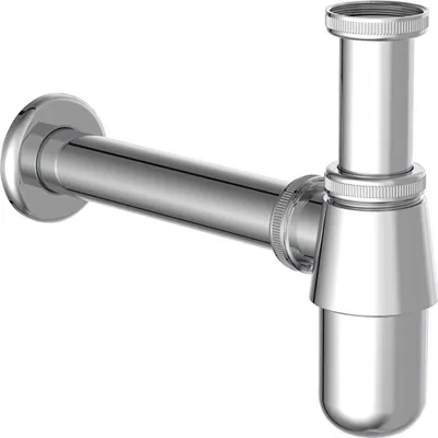 A chrome bottle trap for plumbing, shown against a white background.