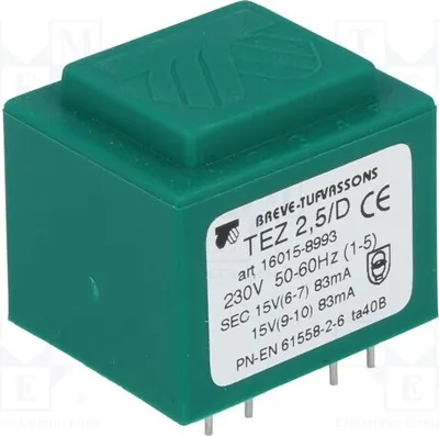 Obrázok produktu pre 1x Transformátor: 15 V, 230 V AC, 83,3 mA, 15 V, 2,5 VA, 83,3 mA, typ TEZ2.5/D230/15-15V