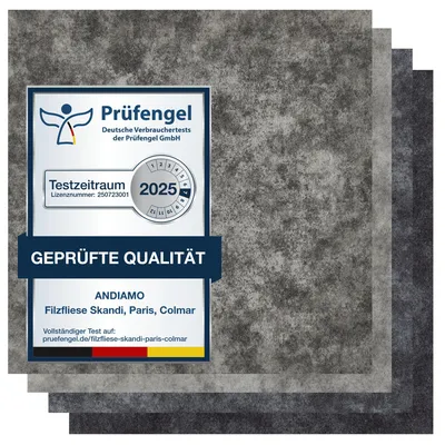 Filzfliese hellgrau Cloud-Design mit Prüfengel-Siegel, Muster in dunkelgrau, anthrazit, beige-grau.
