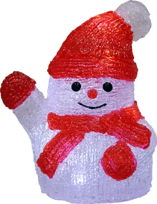 A lit-up acrylic snowman decoration with a red hat and scarf.