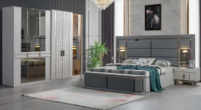 Produktbild von Komplett Schlafzimmer Möbel Set Bett 2x Nachttisch Kleiderschrank Neu