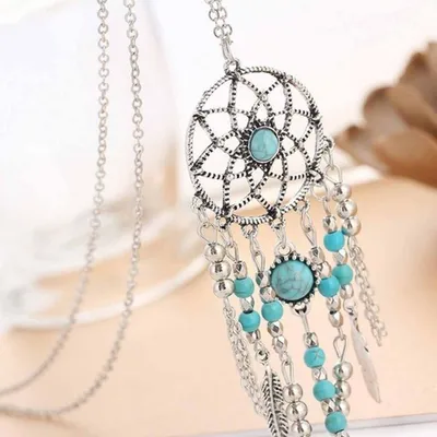 Produktbild von Boho Dreamcatcher Feder Türkis Quaste Kette Charm Halskette Damen Schmuck