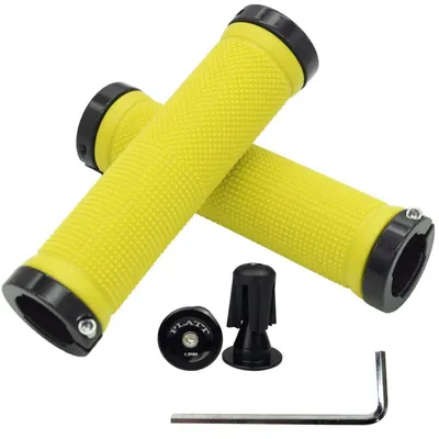 Obrázok produktu pre Gumené rukoväte s protišmykovým povrchom pre horské bicykle/BMX, s hliníkovými koncovkami, žltej farby, priemer 22,2 mm