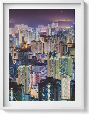 Produktbild von Beleuchtete Stadt bei Nacht– Wandbild mit Rahmen – Gerahmtes Bild  – Wanddekoration – 60x80 cm –  Weiß Rahmen