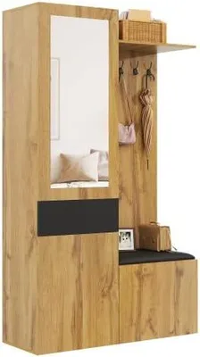 Productafbeelding van Garderobeset, wandgarderobe met schoenenkast en spiegel, entreegarderobe. Garderobekast met inbouwkast en 5 haken, geschikt voor hal, woonkamer. Afmetingen: 98,5 x 38 x 191 cm. Kleur: houtkleur