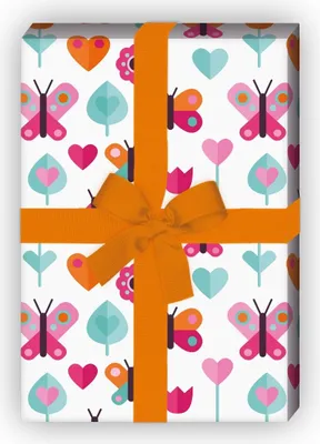 Produktbild von Buntes 70er Jahre Geschenkpapier mit Schmetterlingen und Blumen, hellblau - G8095, 32 x 48cm