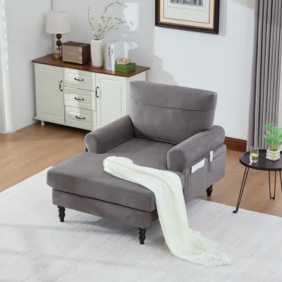 Obrázek produktu pro MODFU Minimalistické chenilové relaxační křeslo s širokým sedákem a stabilními nohami z masivního dřeva, rozkládací postel s bočními kapsami, šedá