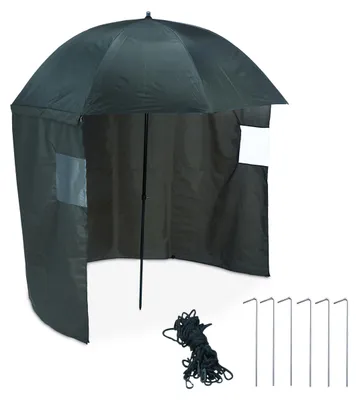 Image de Parasol de pêche Relaxdays avec paroi latérale, hydrofuge, mécanisme d'inclinaison, piquets et sac de transport, tente-parasol de pêche, vert