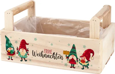 Produktbild von Geschenkbox aus Holz "Frohe Weihnachten" mit Wichteln bedruckt