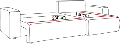 A line drawing of a sectional sofa with dimensions indicated.