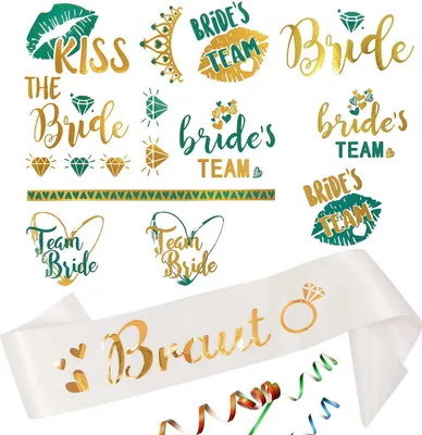 Produktbild von Oblique Unique JGA Hochzeit Accessoire Set - Braut Schärpe + Bride - Team Bride Tattoos weiß gold