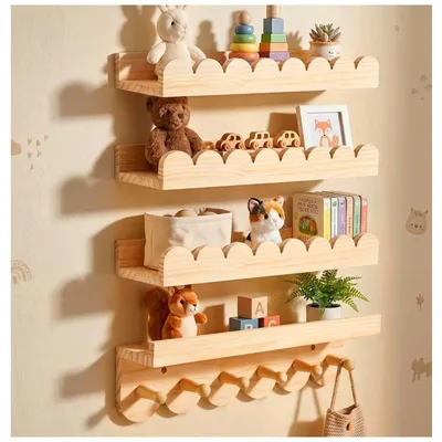 Immagine prodotto di Elzusha - Set di 4 mensole da parete in legno naturale per la cameretta dei bambini