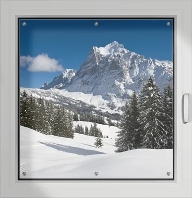 Produktbild von Wallario Lichtschutzbild, Dekorativer Sichtschutz Sonnenschutz 96 x 100 cm mit Motiv: Verschneiter Berghang unter blauem Himmel - Verdunklung ohne Bohren