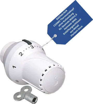Produktbild von BADfabrik24 COSMO Thermostatkopf ohne Nullstellung für Gewinde M30x1,5 Heimeier,MNG + Entlüftungsschlüssel aus Metall, Vierkant 5mm 1 Stück