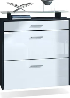Produktbild von Vladon Schuhschrank Malea, hängender Schuhkipper für 16 Paar Schuhe mit 2 Klappen und 1 Schublade und Glasablage, Schwarz matt/Weiß Hochglanz (89 x 96 x 23 cm)